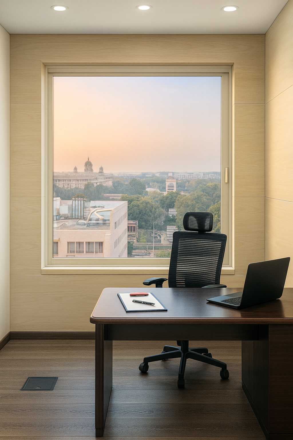 Executive cabin with panoramic window overlooking Lutyens Delhi and Rashtrapati Bhavan from 7th floor
