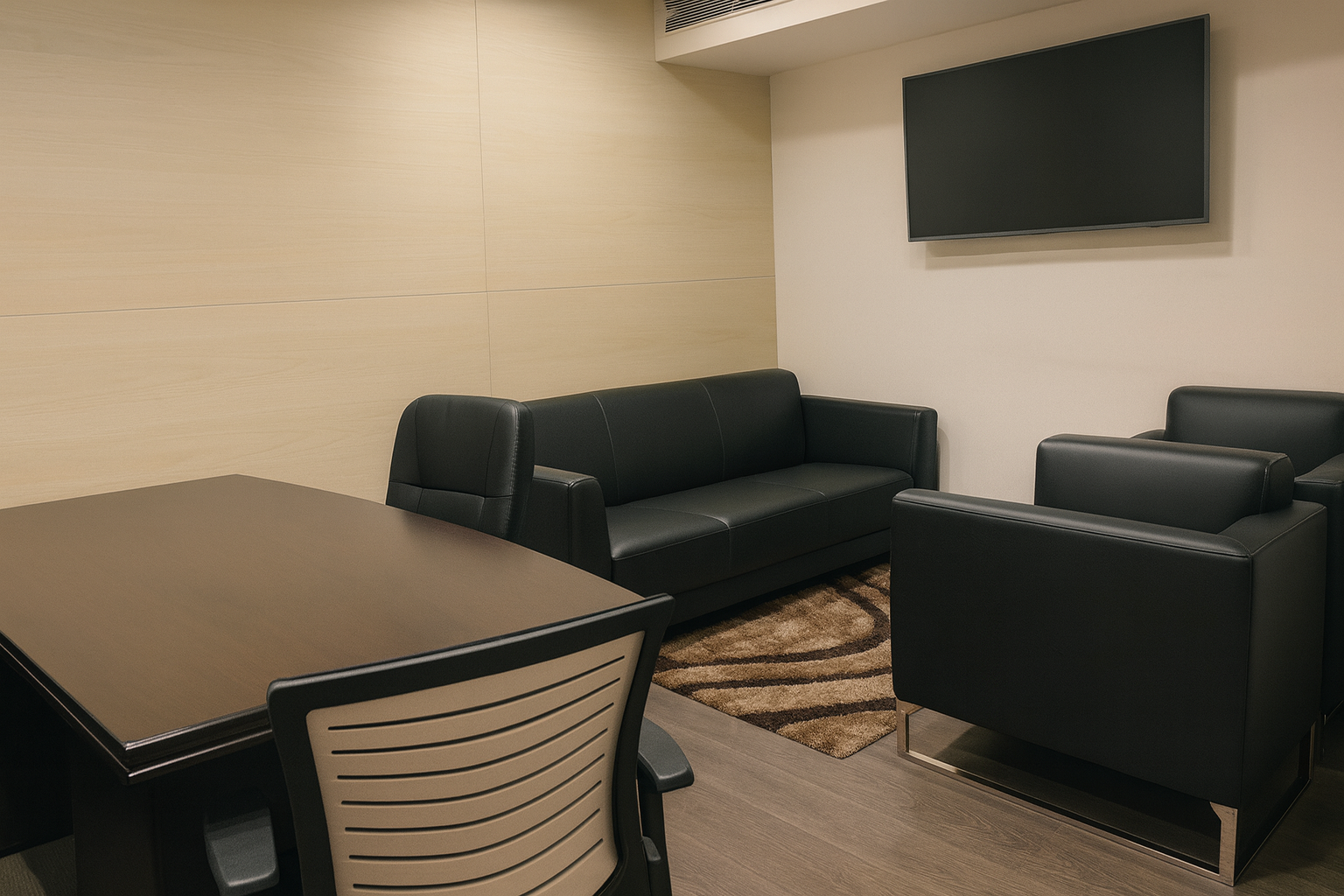 Conference room with leather seating and wall-mounted display at Le Meridien office space