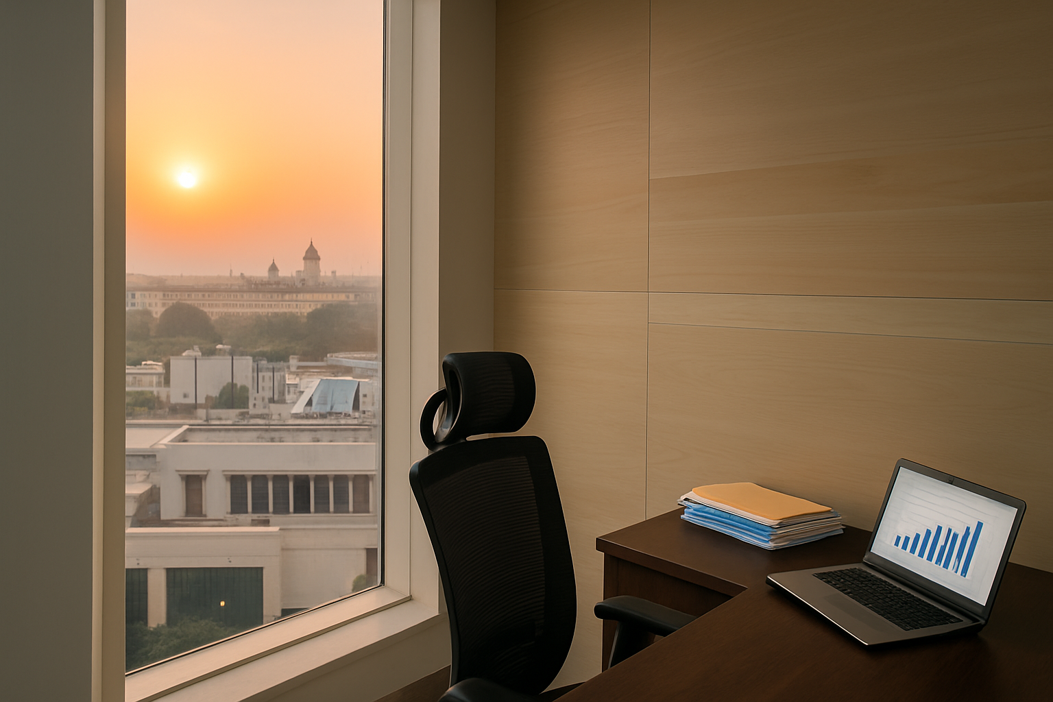 Sunset skyline view over Lutyens Delhi with Rashtrapati Bhavan visible from Le Meridien 7th floor cabin