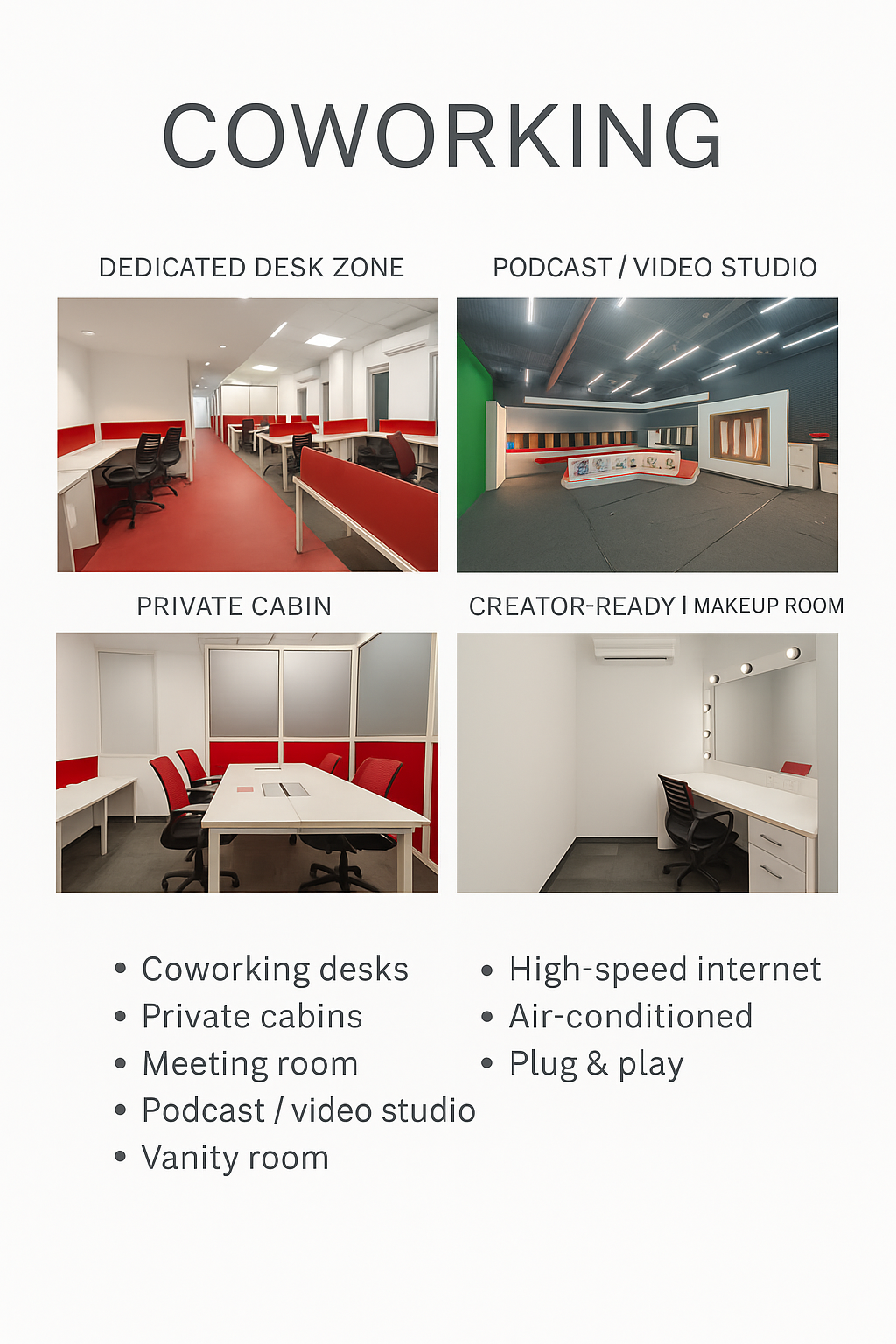 Grade A+ coworking space on 3rd floor — dedicated desks, private cabins, podcast studio at Plot 87