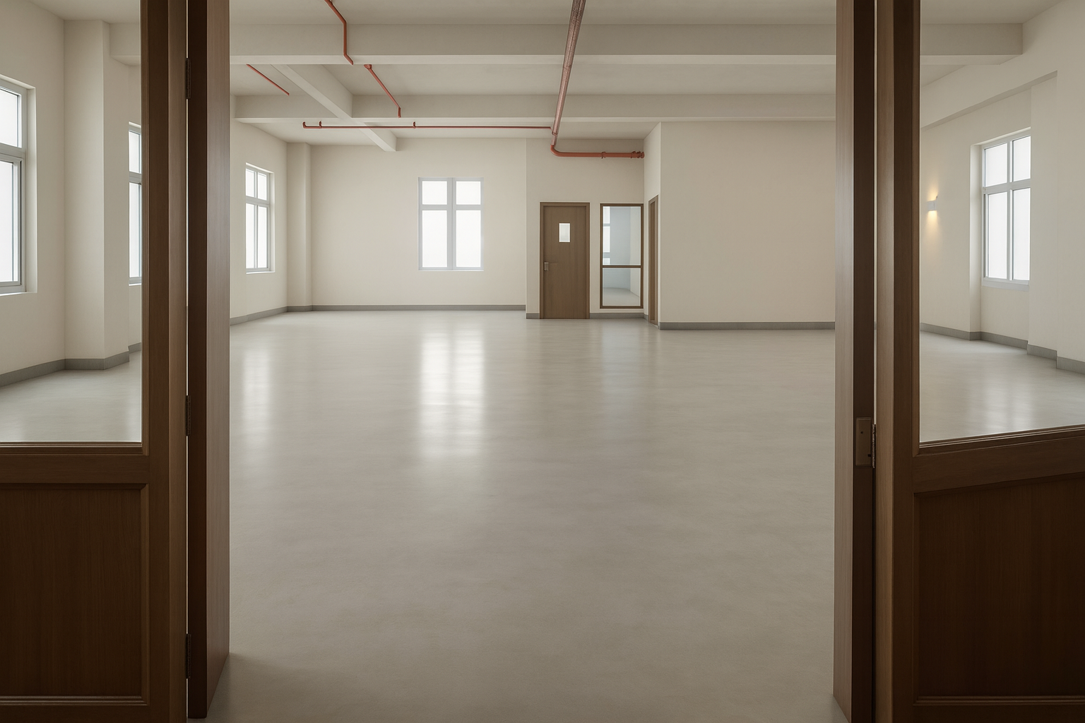 Fourth floor open office space with natural light and wooden door frames at Plot 87 Gurugram